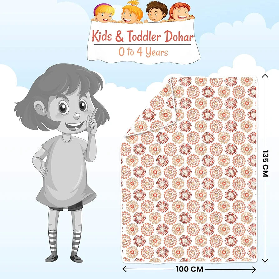 Divine Casa Floret 100% Cotton Single Kids Dohar | 120 GSM | Soft & Lightweight Throw Blanket | Cozy & Breathable Bedding | All-Season Comfort | 140 x 100 CM, Red Orange