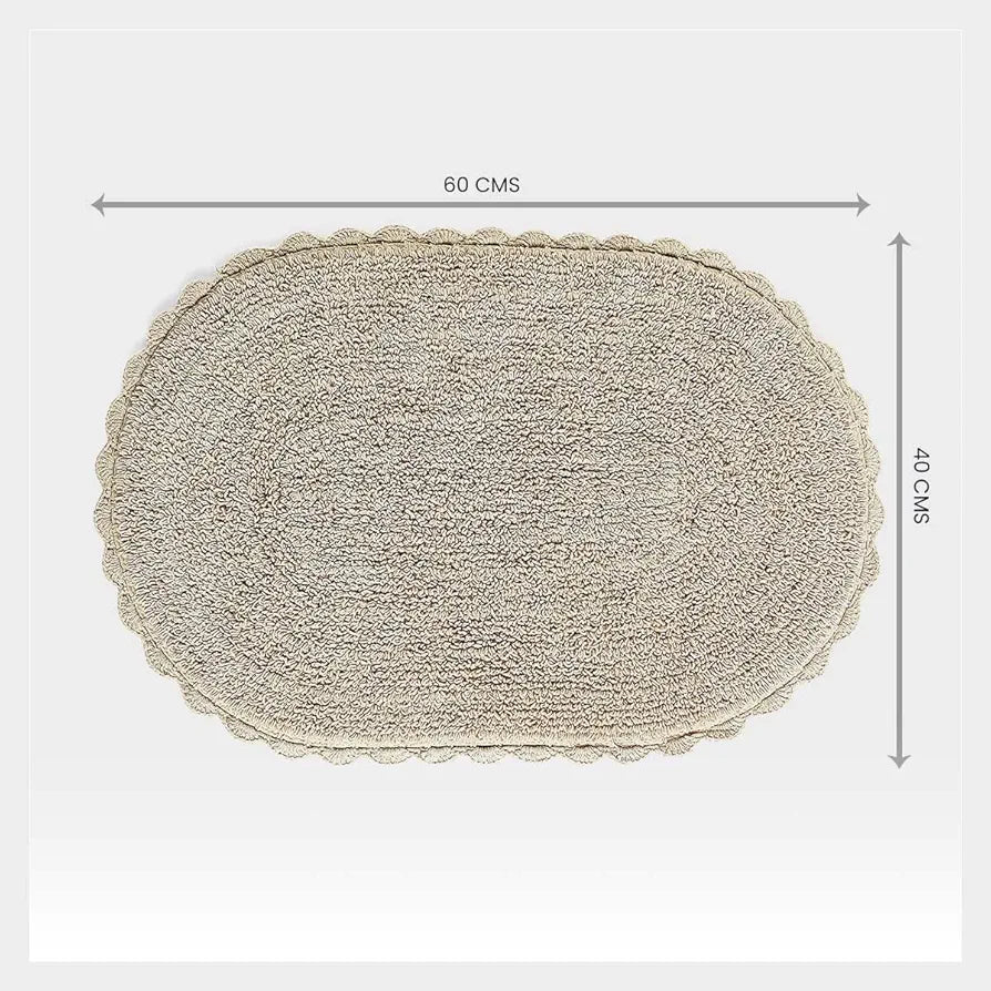 SASHAA WORLD Super Soft Reversible Bath Mat/Bathroom Rug from Crochet Collection | Oval-Shaped with Crochet Border | Ideal for Tub, Shower, Sink, or Vanity | 40 x 60 cm, Beige