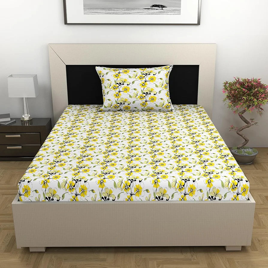 Divine Casa Bedsheet for Single Size Bed 144 TC Cotton Bedsheet for Single Size Bed with 1 Pillow Cover  Floral Golden Daffodil Cotton Bedsheet