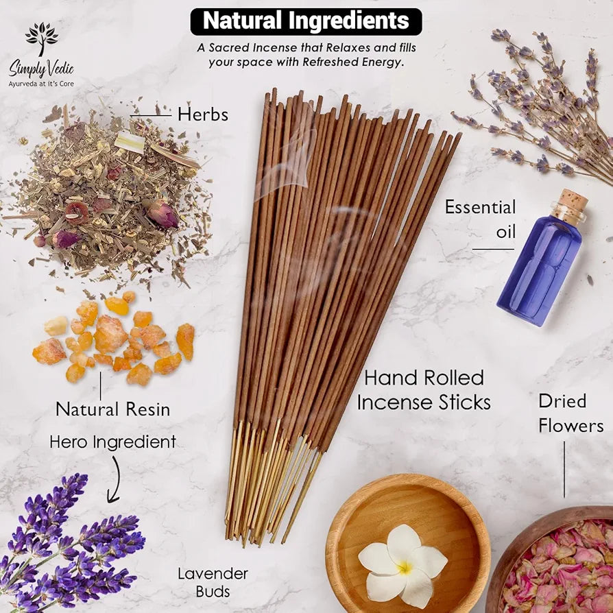 Simply Vedic Lavender Incense Sticks with Holder – 135 Handmade Charcoal-Free Agarbatti | Natural Essential Oil Aromatherapy for Meditation, Yoga, Pooja, Relaxation – 45 Min Burn, Gift Set