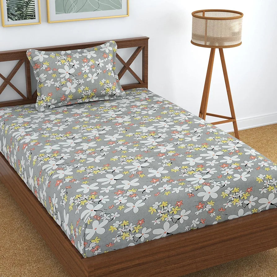 Homefab India 180 TC Microfiber Single BedSheet with 1 Pillow Cover - Light Grey, Floral