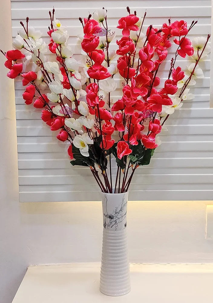 ARTSY® Artificial Flowers Bunch for Decoration Cherry Blossom, Ideal for vase, Home, Office Decor, Gifts, Craft, Artificial Plants for Decoration, Without vase, White Maroon, Combo, 2 Pieces