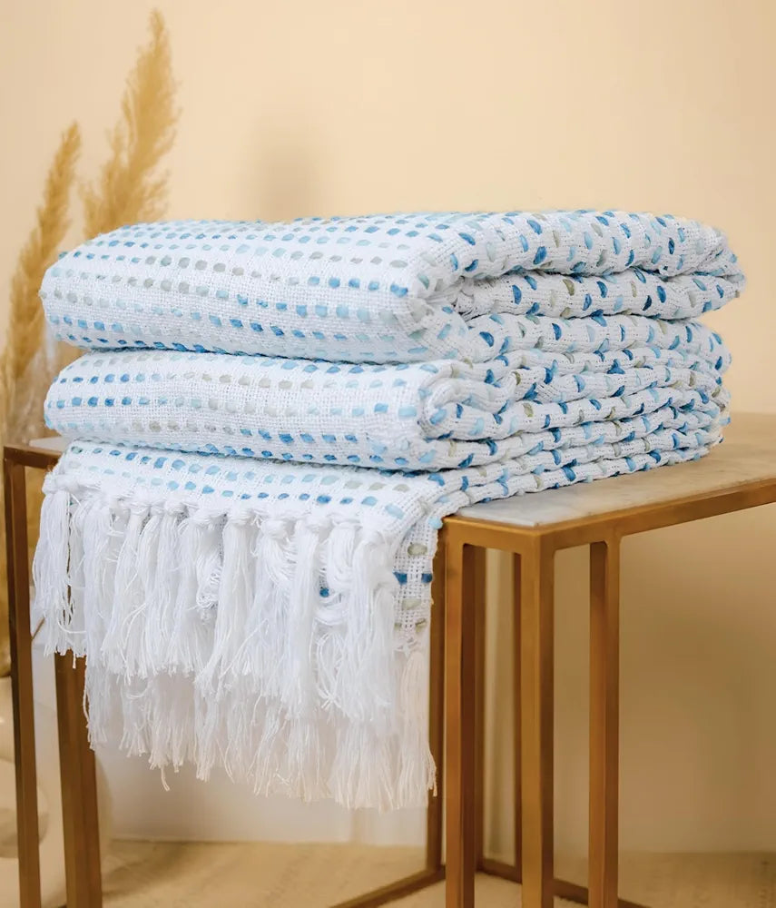 SAJAVAT HOME Hand-Knitted Pure Cotton 3 Seater Sofa Throw | 80x52 Inches/204x132 Cm | Blue Multi Throw for Sofa, Bed, Chair & Travel - Ideal for All Season | Pack of 1