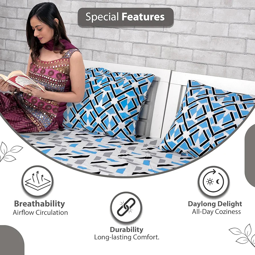Divine Casa - 144 TC Super Soft Cotton Bedsheet for Double Bed  144 Thread Count - Abstract, Grey & Blue| 222 x 254 cm