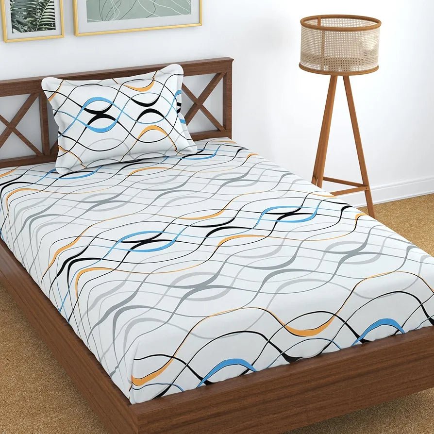 Homefab India 180 TC Microfiber Single BedSheet with 1 Pillow Cover - White, Waves