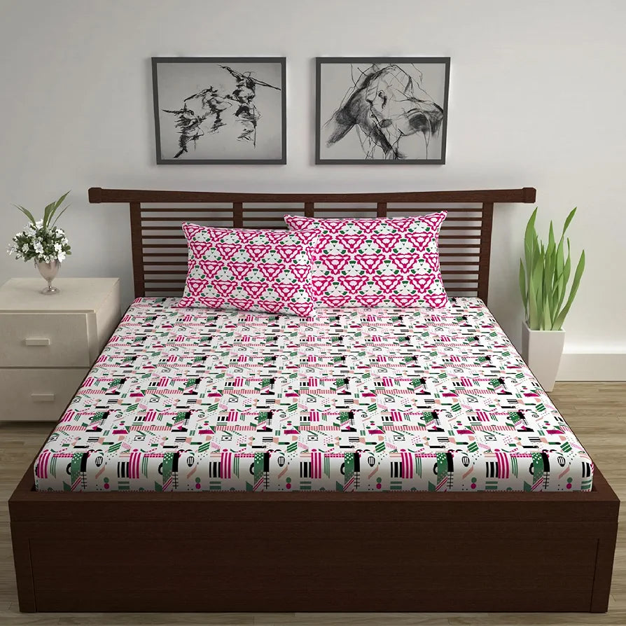 Divine Casa - 144 TC Super Soft Cotton Bedsheet for Double Bed  144 Thread Count - Abstract, Pink & White| 222 x 254 cm