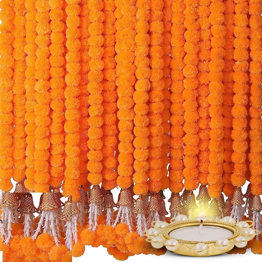 HOME BUY Artificial Orange Flowers For Decoration Garland With Bell For Diwali & Festivals Christmas, Navratri, Holi,Janmashtami | 5 Feet Long 5 Pcs With 1 Diya , 5 Centimeters
