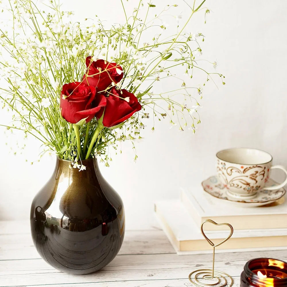 Behoma Metal Flower Vase for Home Decor Living Room Kitchen Office Wedding Round Shape Metal Table Decorative Flower Pot Brass Colour Small 