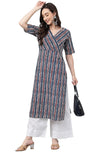 Janasya Women's Navy Blue Cotton Geometric Straight Kurta