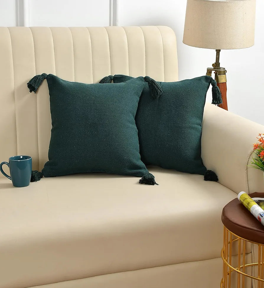 SASHAA WORLD 100% Cotton Cushion Covers with Tassels/Decorative Throw Pillow Set of 2 