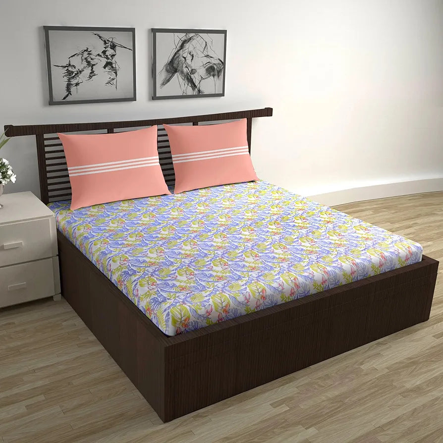Divine Casa 144 TC Cotton Double Bedsheet with 2 Pillow Covers | Soft, Durable & Skin-Friendly Fabric for All-Season Use | 254 x 222 CM | Tropical Breeze | Lavender Gold | Bedroom Decor Upgrade