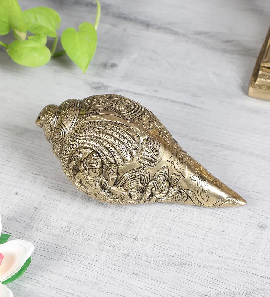 Two Moustaches Brass Shankh with Vishnu Carving