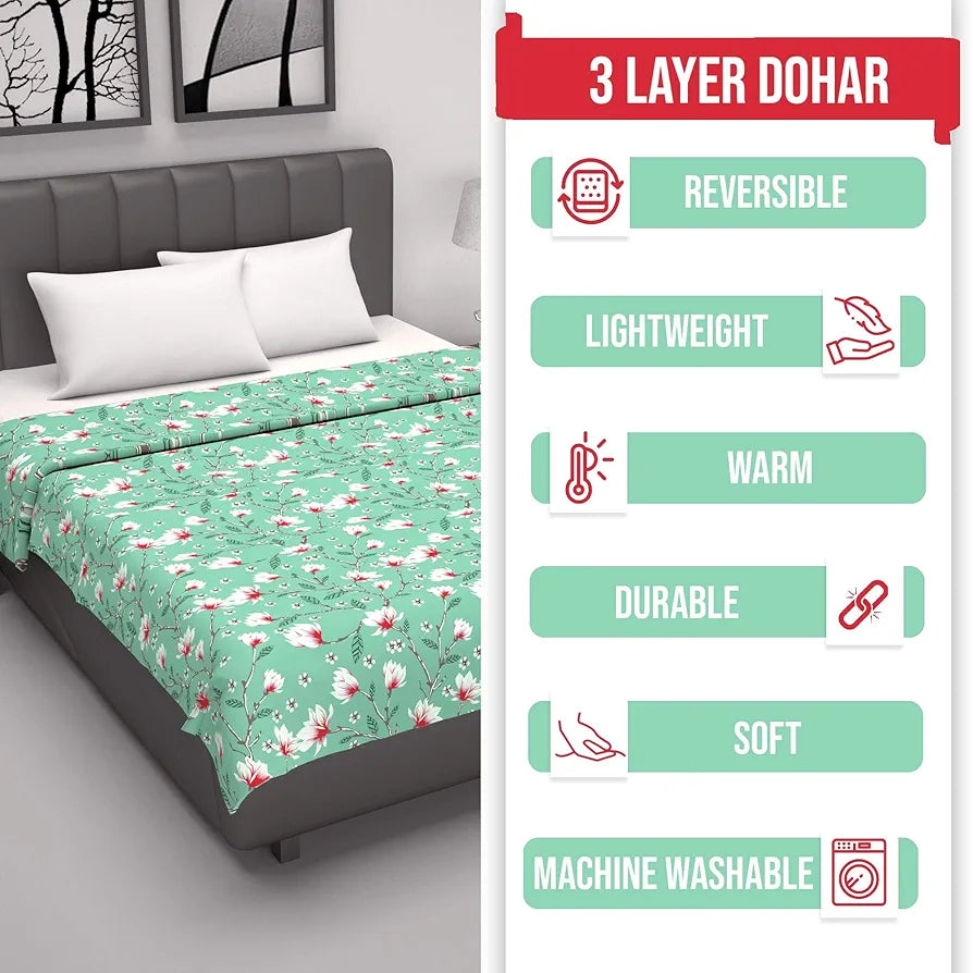 Divine Casa 100% Cotton Single Bed Dohar | Lightweight & Ultra-Soft AC Blanket | Reversible Summer Quilt | Cozy & Breathable | 210 x 140 CM, Mint Blossom Haven