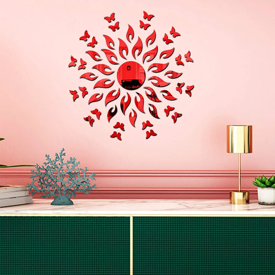 Bikri Kendra - Art BK162, Sun red with 20 red Butterfly - 3D Acrylic Mirror Stickers for Wall