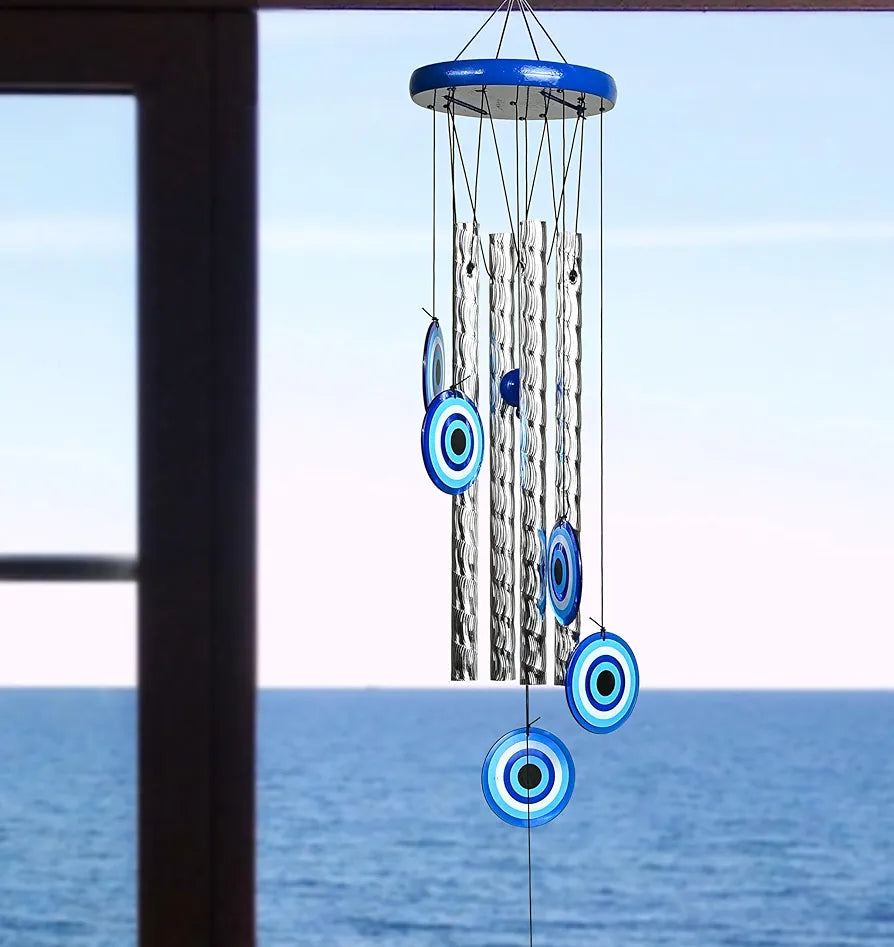 ZAICUS Turkish Evil Eye Wind Chimes – Metal Hanging Décor for Home, Balcony, Entrance & Living Room – 27-inch Chime for Positive Energy & Housewarming Gift 