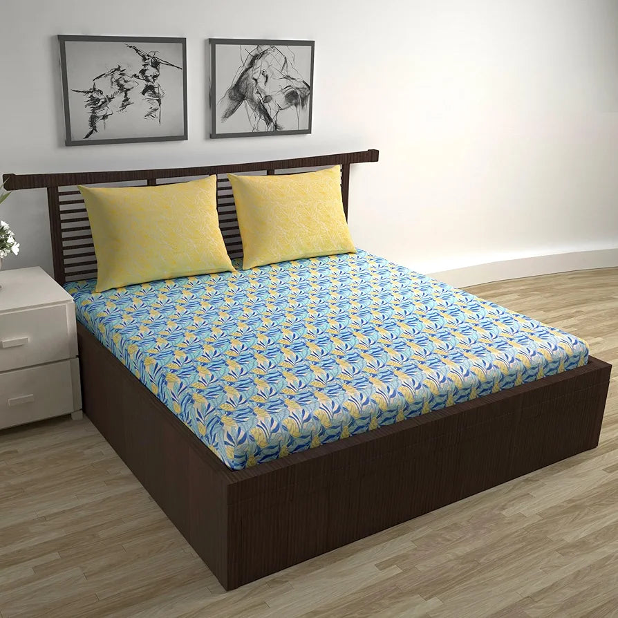 Divine Casa 144 TC 100% Pure Cotton Double Bed Bedsheet with 2 Pillow Covers | Soft & Durable for Everyday Use & Bedroom Decor | All-Season Comfort | Size 222 x 254 CM | Tropical Floral | Blue Yellow