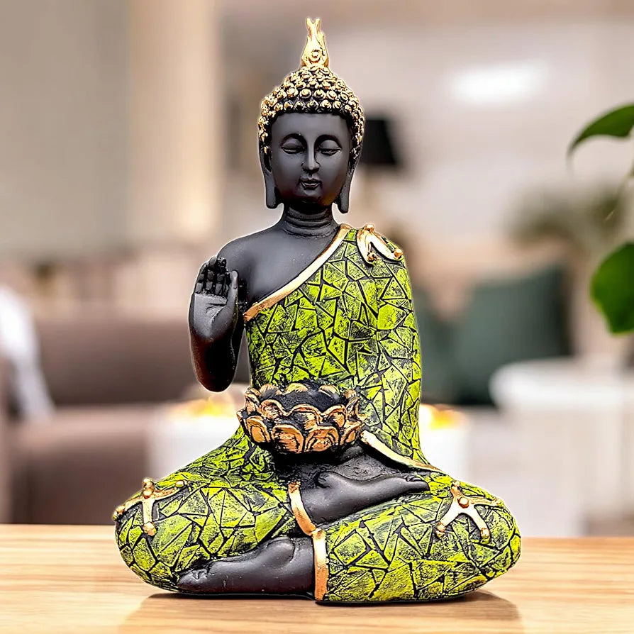 Meditating Buddha Statue with Tealight Candle Holder Polyresin Showpiece for Home Decor Living Room Office Vastu Gift Housewarming 28 cm Black Green