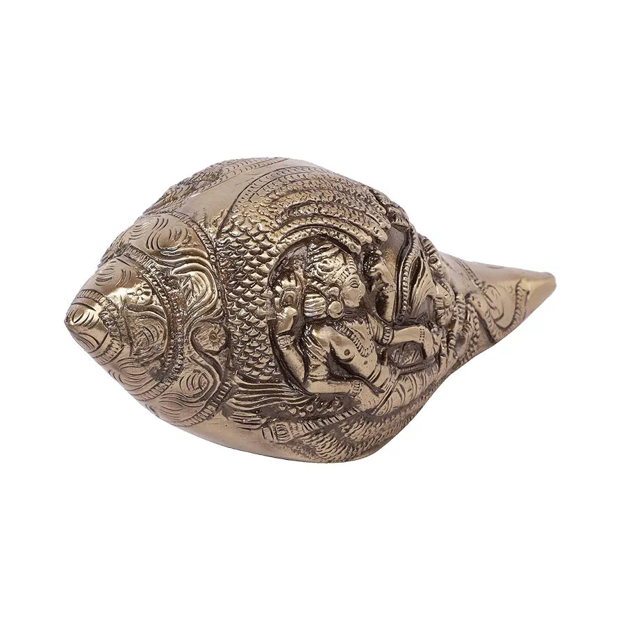 Two Moustaches Brass Shankh with Vishnu Carving