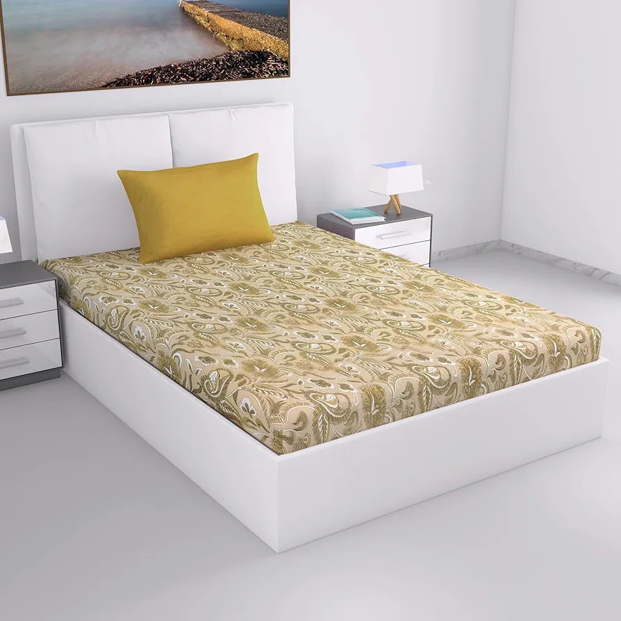 Divine Casa 144 TC 100% Cotton Single Size Bedsheet with 1 Pillow Cover | Soft & Durable for Everyday Use & Bedroom Decor & Use | All-Season Comfort | 145 x 223 CM | Floral Paisley | Mustard Beige