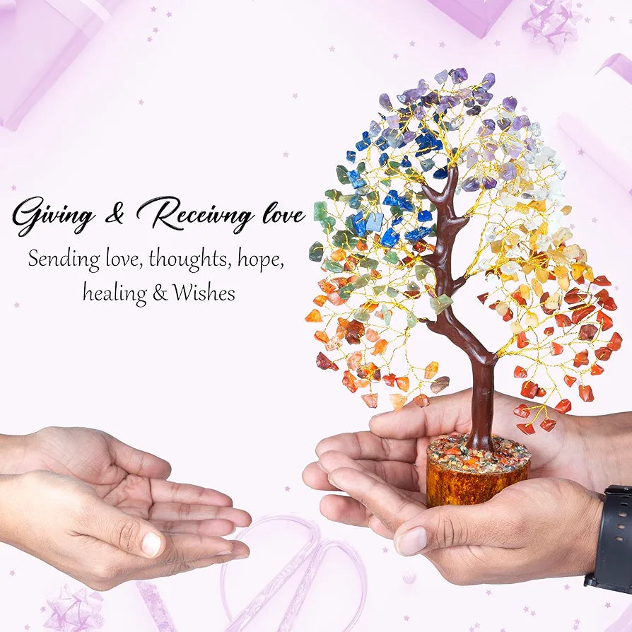ZAICUS Seven Chakra Healing Crystal Tree of Life Bonsai Fortune Money Good Luck Statue Wealth Prosperity Spiritual Decor Gemstone Trees Handmade Gift for Home Decoration Golden Wire Size 10-12 Inch