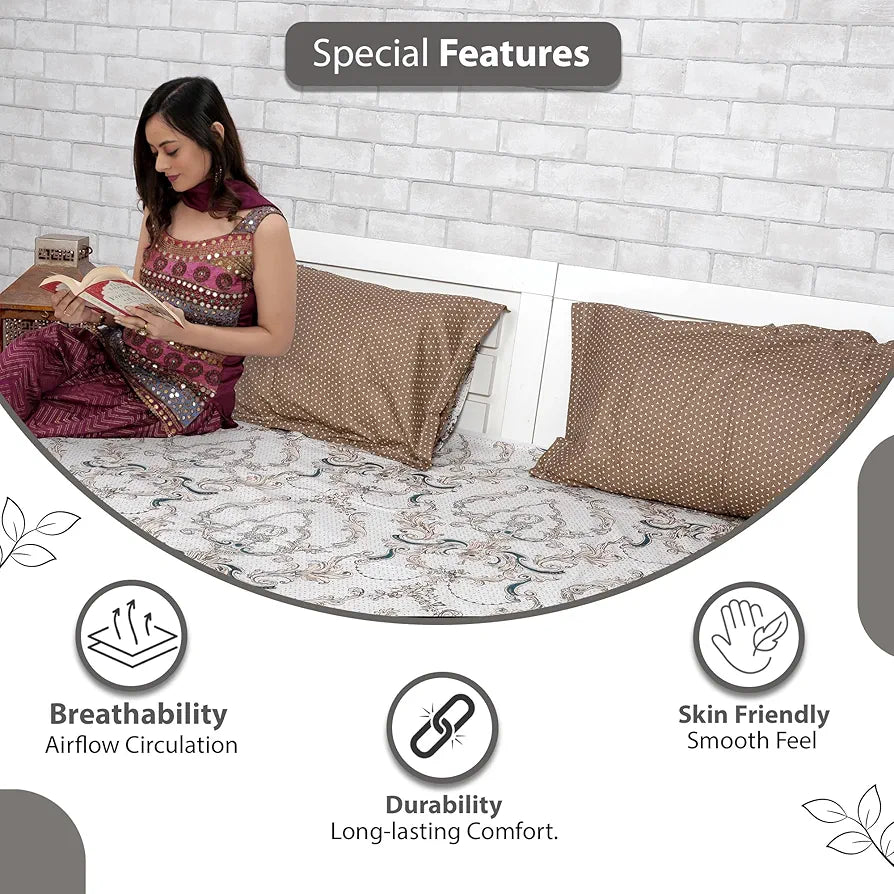Divine Casa 144 TC King Size Bedsheet Set | 100% Pure Cotton | 222x270 cm | Soft & Durable | Fade-Resistant | All-Season Comfort | 2 Pillow Covers | Floral Print – Ivory Gold