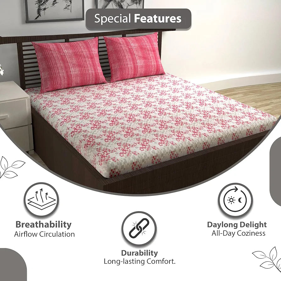 Divine Casa 144 TC 100% Pure Cotton Queen Size Double Bed Bedsheet with 2 Pillow Covers | Soft, Durable & All-Weather Comfortable Easy Care Sheet | Size 222 x 254 CM | Geometric Pixel | Red White