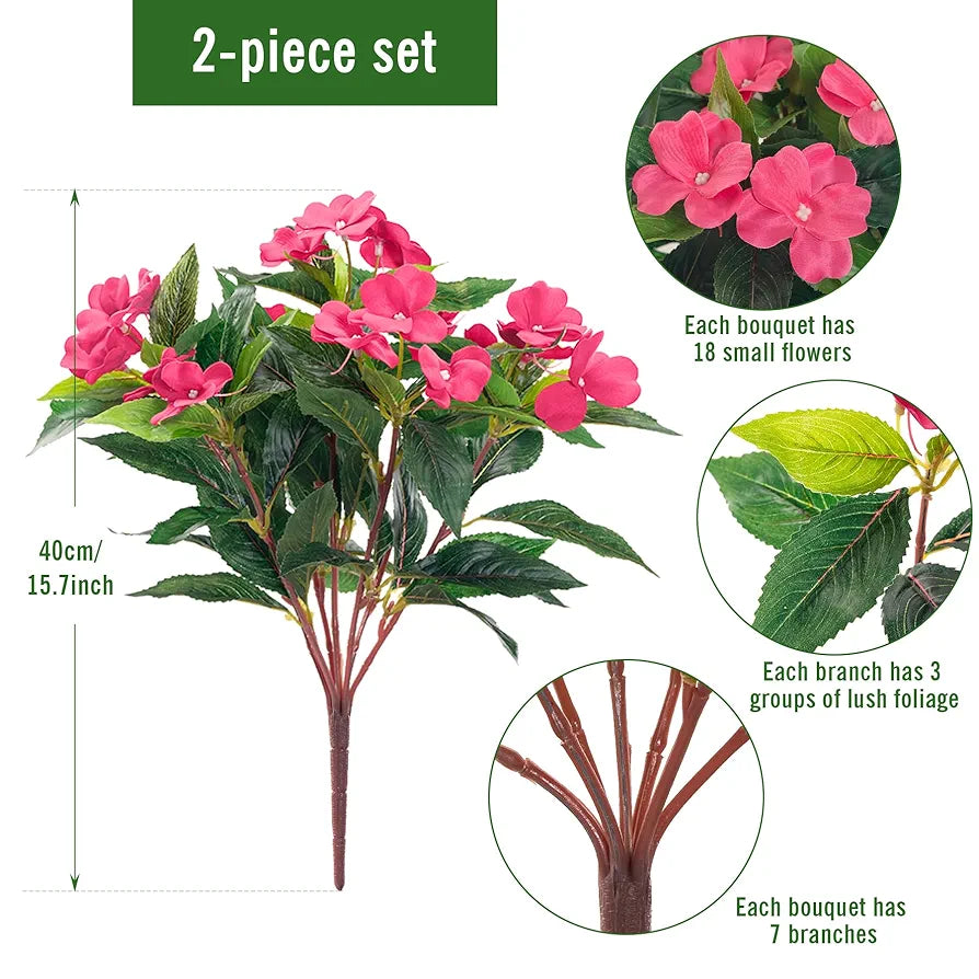 Uqueeten Artificial Impatiens Bouquet Flower Garden Bonsai Decoration Silk Impatiens Bouquet flowers for Outside Outdoor Planters