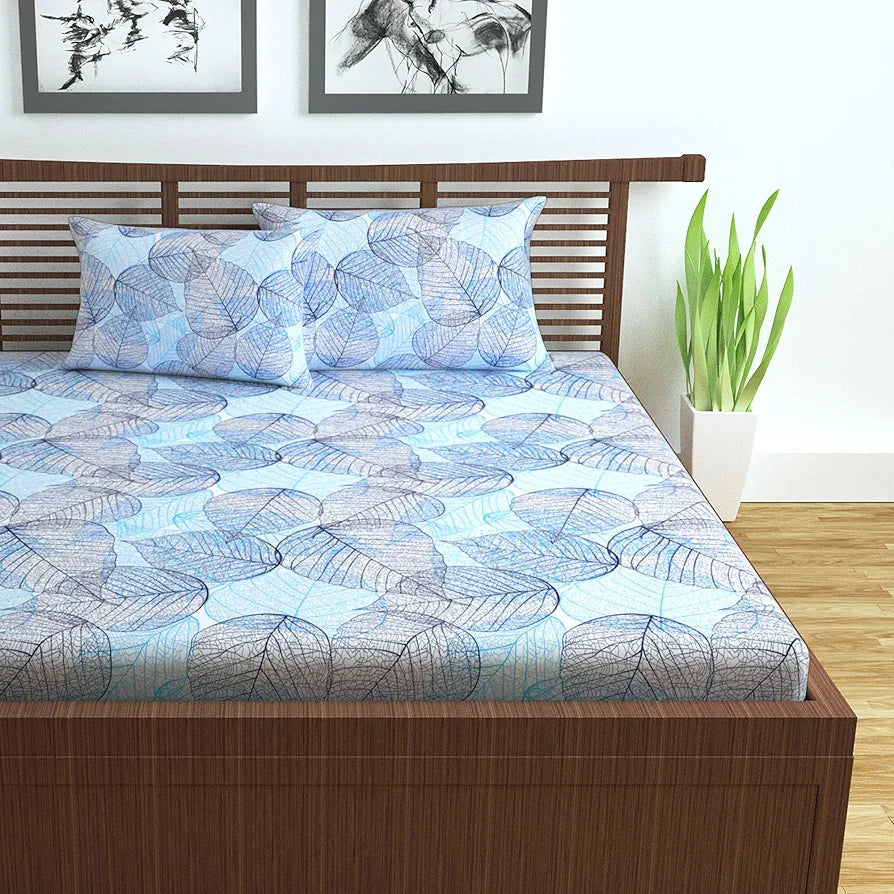 Divine Casa 144 TC Cotton Double Bedsheet with 2 Pillow Covers | 100% Cotton – Light Blue Floral Print | Soft & Breathable | Size 222 x 254 cm | Everyday Use