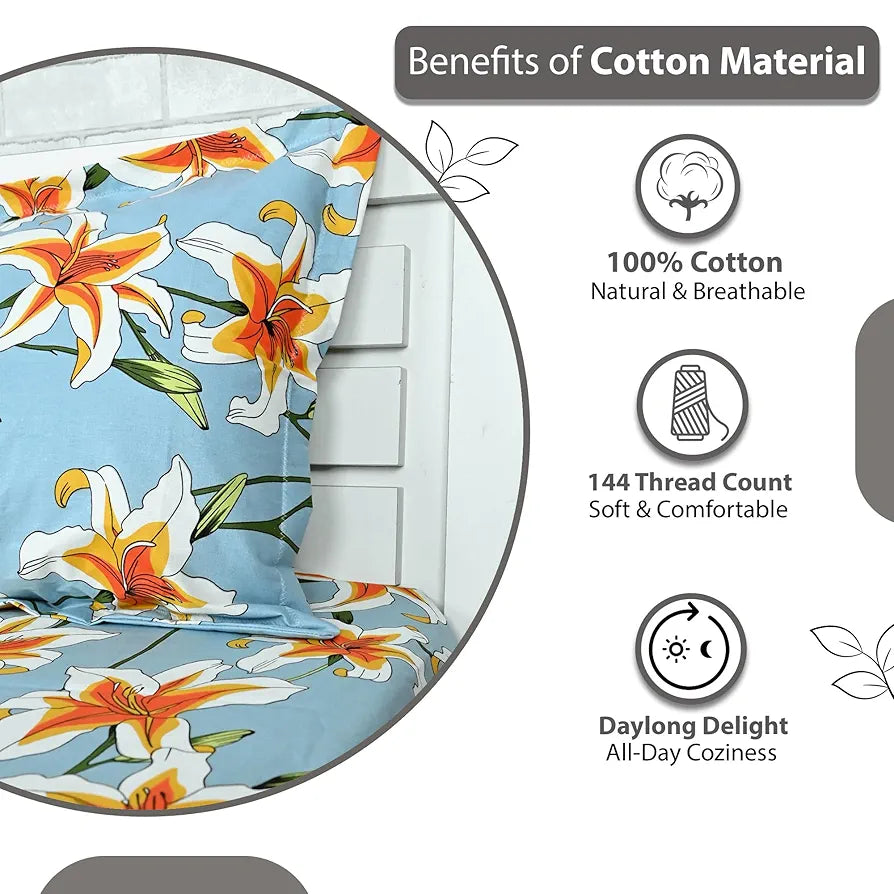Divine Casa 100% Cotton Bedsheet for Single Bed, 144 TC Bedsheet Single Size Bed Cotton with 1 Pillow Cover 