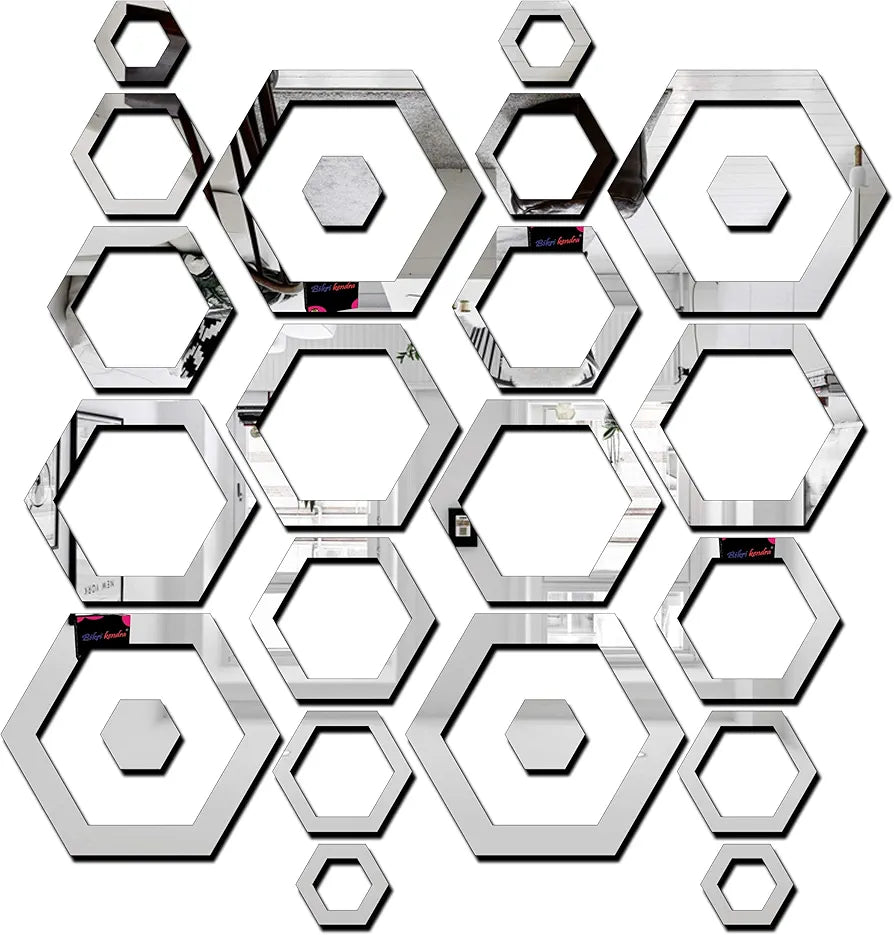 Bikri Kendra - Art BK91, Sun with Hexagon Ring 2 Set. - 3D Acrylic Mirror Stickers for Wall 