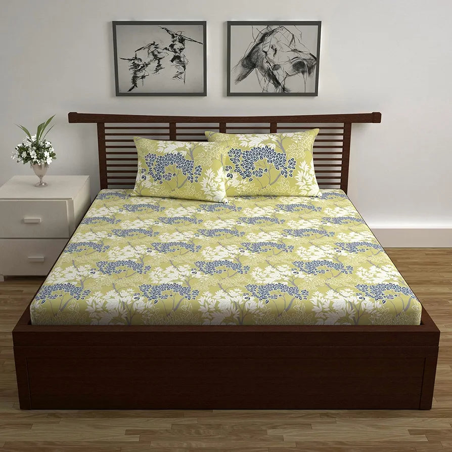 Divine Casa 144 TC 100% Cotton Double Bedsheet with 2 Pillow Covers | Skin-Friendly Fabric for Everyday Comfort | 254 X 222 CM | Floral Pattern | Lemon Drop