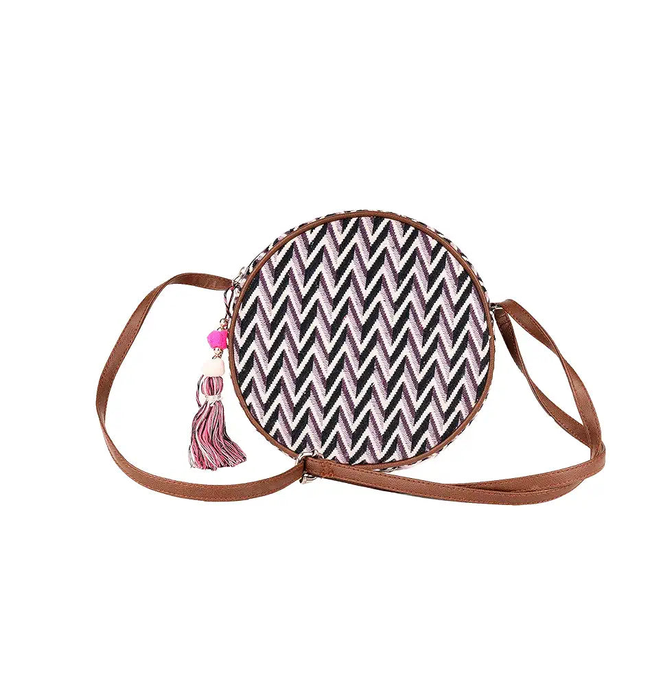 ASTRID Women's Cotton Round Sling Bag with Pompom Tassels 