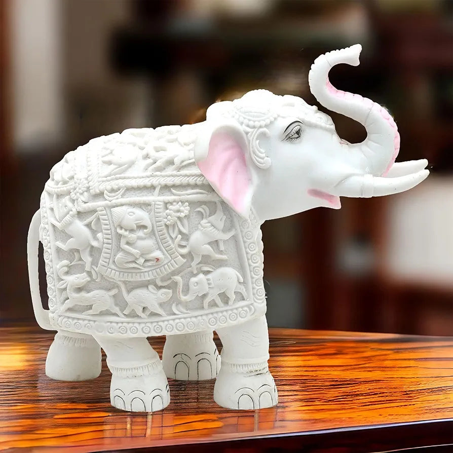 KRAFTSKALA White Elephant Showpiece Big Size Marble Resin Aesthetic Statue Decorative Item for Home, 8 inch Elephant Decor for Home Vastu, Shelf, Study Room, Work Table 