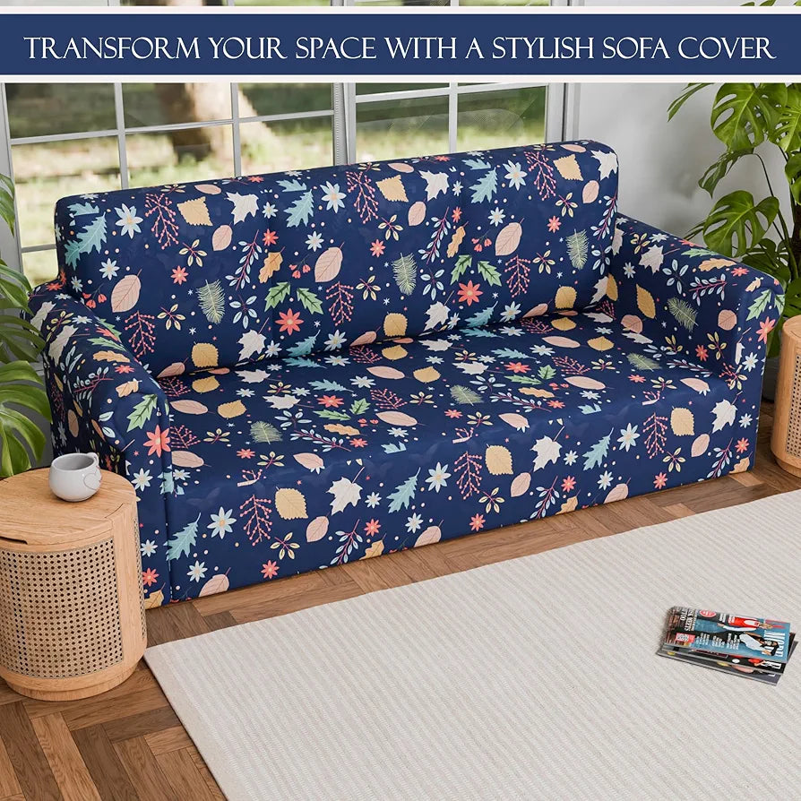 Kuber Industries Elastic Sofa Cover 3 Seater - Stretchable Couch Slip Cover in Leaf Pattern for Living Room/Hall - Blue