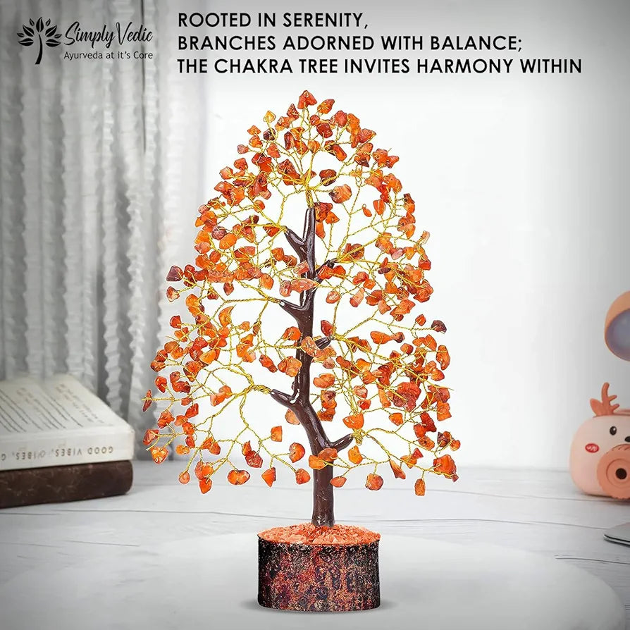 Simply Vedic Chakra Red Carnelian Crystal Tree|for Positive Energy,Good Luck|Natural Healing Gemstones Moneytree Feng Shui,Spiritual Gift,Home Decor|Handmade by Traditional Artist,8 cm,26 Cm