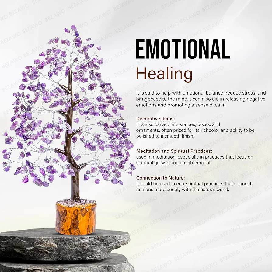 BEZAVO Amethyst Gemstone Crystal Tree – Good Luck Showpiece for Home Decor | Bonsai Money Tree for Prosperity & Decoration | Crystal & Gemstone Gift Item – 10-12 Inch 