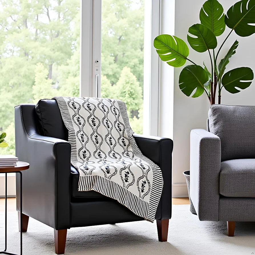 SAJAVAT HOME Hand-Knitted Slub Cotton 3 Seater Sofa Throw | 80x52 Inches / 204x132 cm | White Printed Throw for Sofa, Bed, Chair & Travel | Soft & Breathable | Ideal for All Seasons | Pack of 1