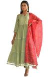 Janasya Women's Pastel Green Cotton Solid Kurta with Pant and Dupatta