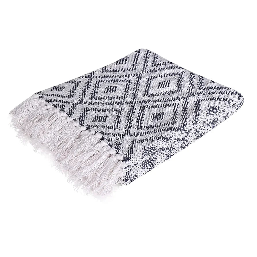 SASHAA WORLD Woven Diamond Pattern Throw Blanket | Throw for Living Room, Sofa and Bed Room | Navy & Grey Throw Blanket | 125x150 cm, Pack of 1