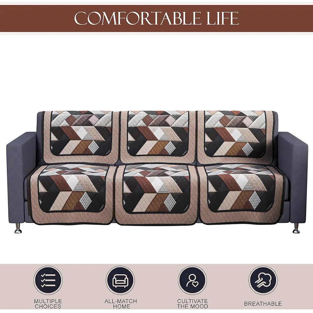 Kuber Industries Set of 6 Velvet 3 Seater Sofa Covers for Living Room | Easy Machine Washable Sofe ke cover for Home Comfort | Triangular-Cream & Brown