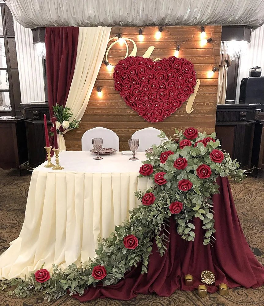 IPOPU 100PCS Burgundy Rose Artificial Flower Heads, 3in Real Looking Stemless Foam Roses Fake Flowers Bulk with Crystal for DIY Craft Wedding Bouquets Arrangements Party Home Decorations
