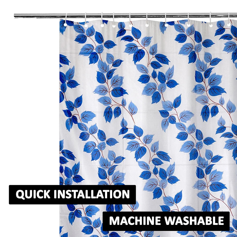 Kuber Industries Shower Curtain | 7 Feet | Bathroom Shower Curtain | AC Curtains | PVC Waterproof Window Curtain | Curtains for Bathtub | 8 Rings Curtain | Leaf Print | Blue
