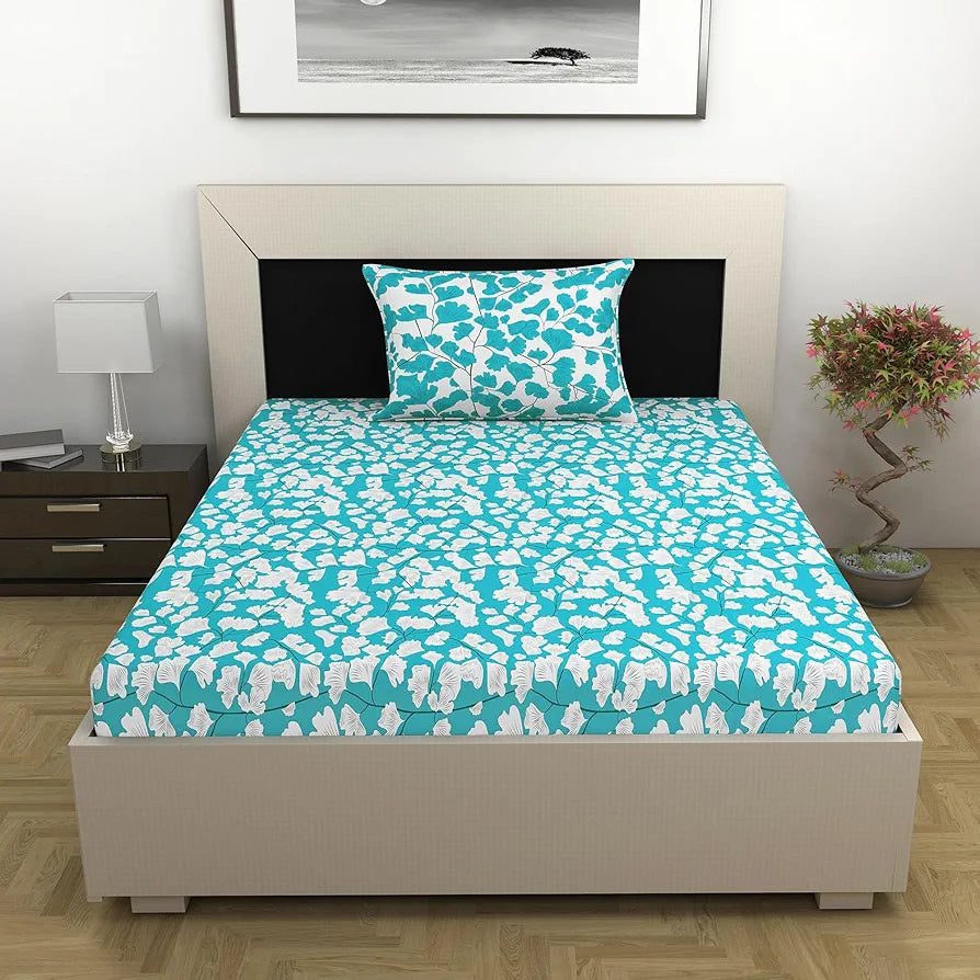 Divine Casa Bedsheet for Single Size Bed 144 TC Cotton Bedsheet for Single Size Bed with 1 Pillow Cover  Floral Aqua & White Cotton Bedsheet