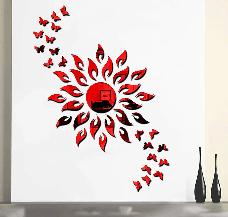 Bikri Kendra - Sun Red with 20 Black Butterfly - 3D Acrylic Mirror Stickers for Wall