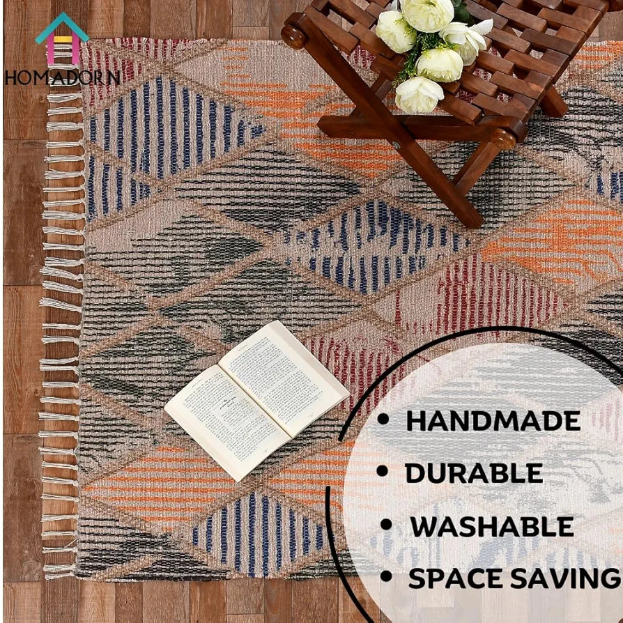 HOMADORN Handmade Sustainable Printed Modern Dhurrie/Rugs/Carpet Upcycled from Fabric for Living Room/Bedside Runner for Enhanced Décor 