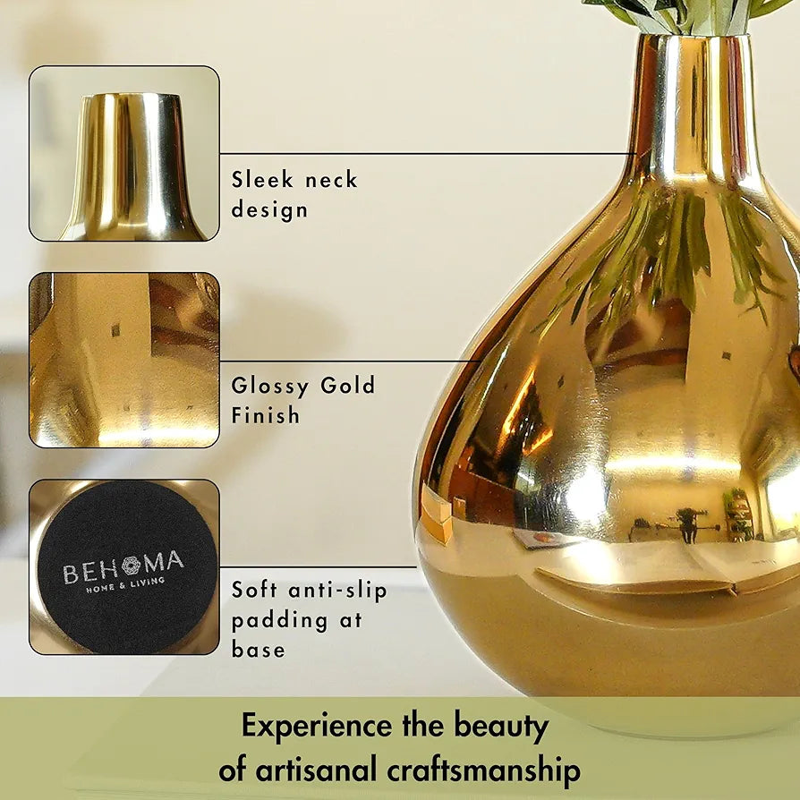 Behoma Metal Golden Flower Vase for Home Decor Bedroom Living Room Office Wedding | Table Decorative Item for Festivals Birthday Gold Tall Vase 