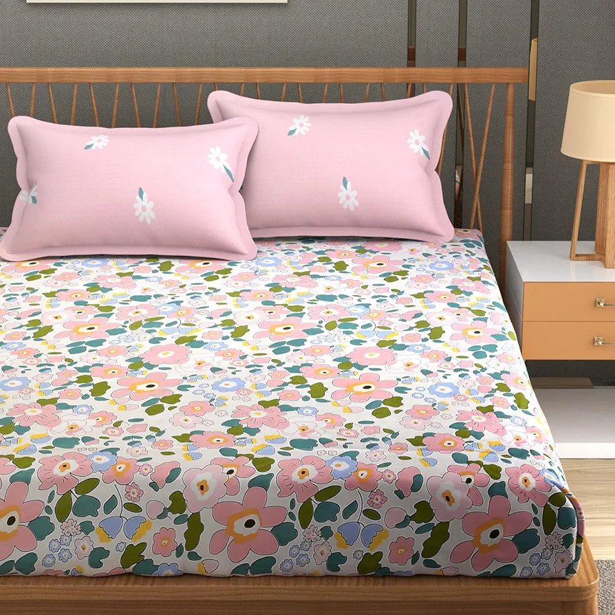 Homefab India 210 TC Glace Cotton King Size BedSheet with 2 Pillow Covers -  - Floral, Pink