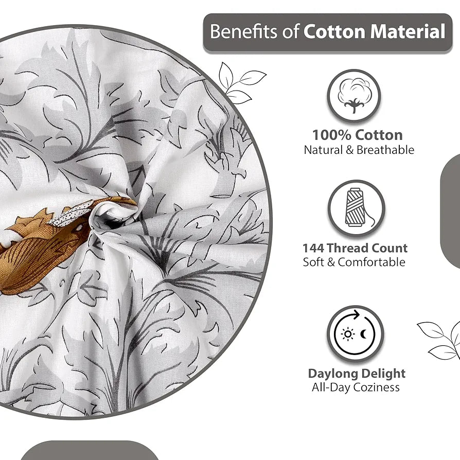 Divine Casa Double Size Bedsheet for Double Bed, 144 TC Pure Cotton Queen Size with 2 Pillow Covers | 222 by 254 cm | Floral | Amber Grey