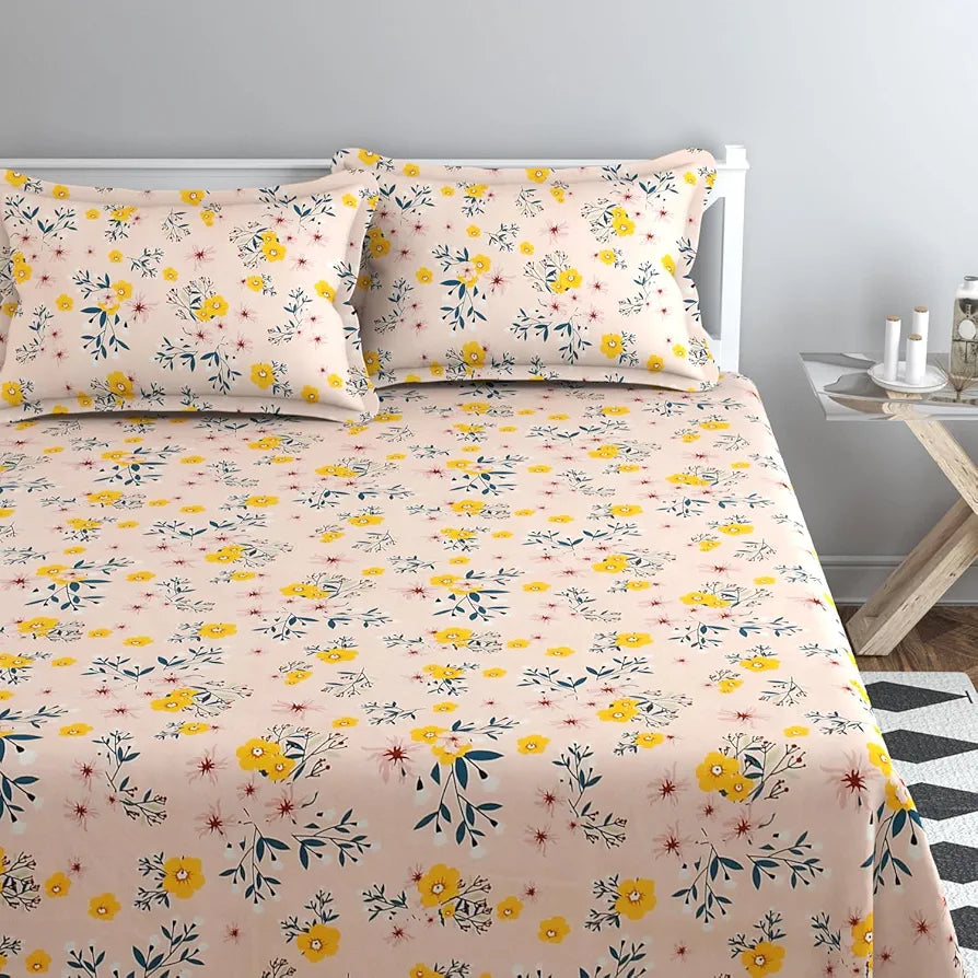 HOMEKART Cotton 200 TC Proper King Size Bedsheet for Double Bed, King Size 108 x 108 Inches Breathable for Summer with 2 Large Size Pillow Covers Without Joint- Peach Yellow Flowers