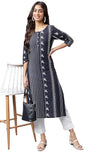 Janasya Women's Navy Blue Cotton Ethnic Motif Printed Straight Kurta